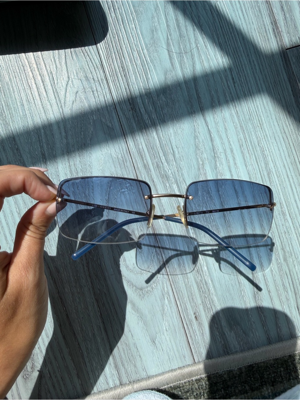 Gucci Blue Gradient Rimless Square Sunglasses with Gold Accents